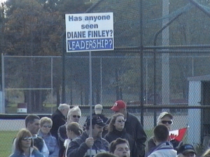 'HAS ANYONE SEEN DIANE FINLEY? LEADERSHIP?' Sign at Gary McHale's inaugural March for Freedom, Caledonia, Oct 15/06 wondering why their Conservative MP won't speak up for them.